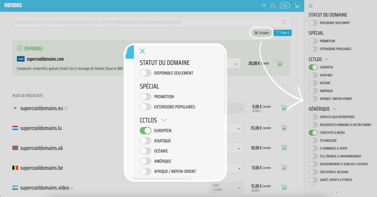 Cosmos – Recherche de disponibilité de domaines – Filtre