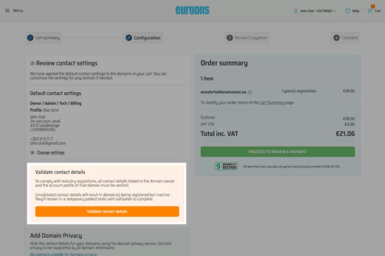 Contact Validation Domain Registrations
