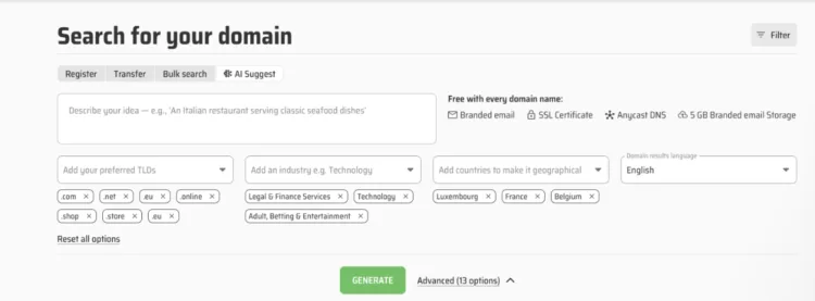 Options de recherche avancée pour les noms de domaine