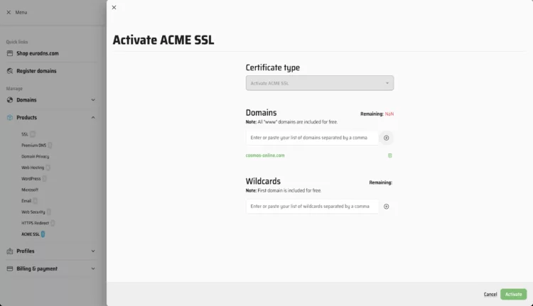 Añadir dominios a la suscripción ACME SSL
