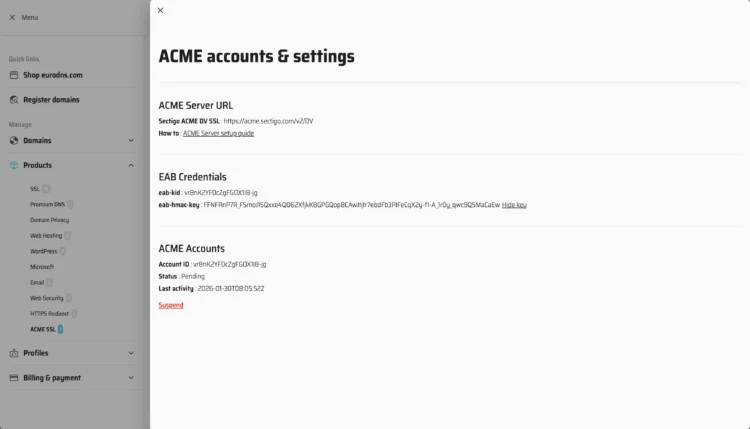 Mostrar credenciales EAB y clave HMAC para registrar la cuenta ACME