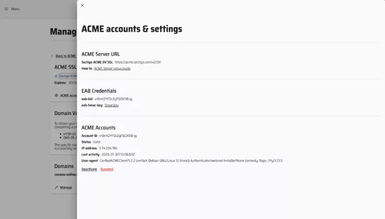 Verificar estado de la cuenta ACME en EuroDNS