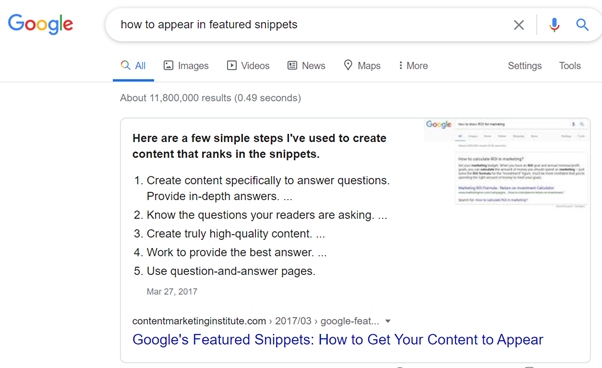 Example of features snippet - Google