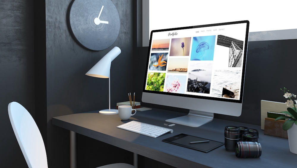 Digital Photographer Desktop With Portfolio Computer 3D Rendering